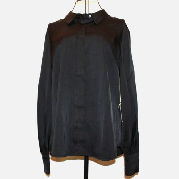 Black Satin Blouse Button Front Shirt Long Sleeve Top Cece M NWT Puff Sleeves - Picture 1 of 8